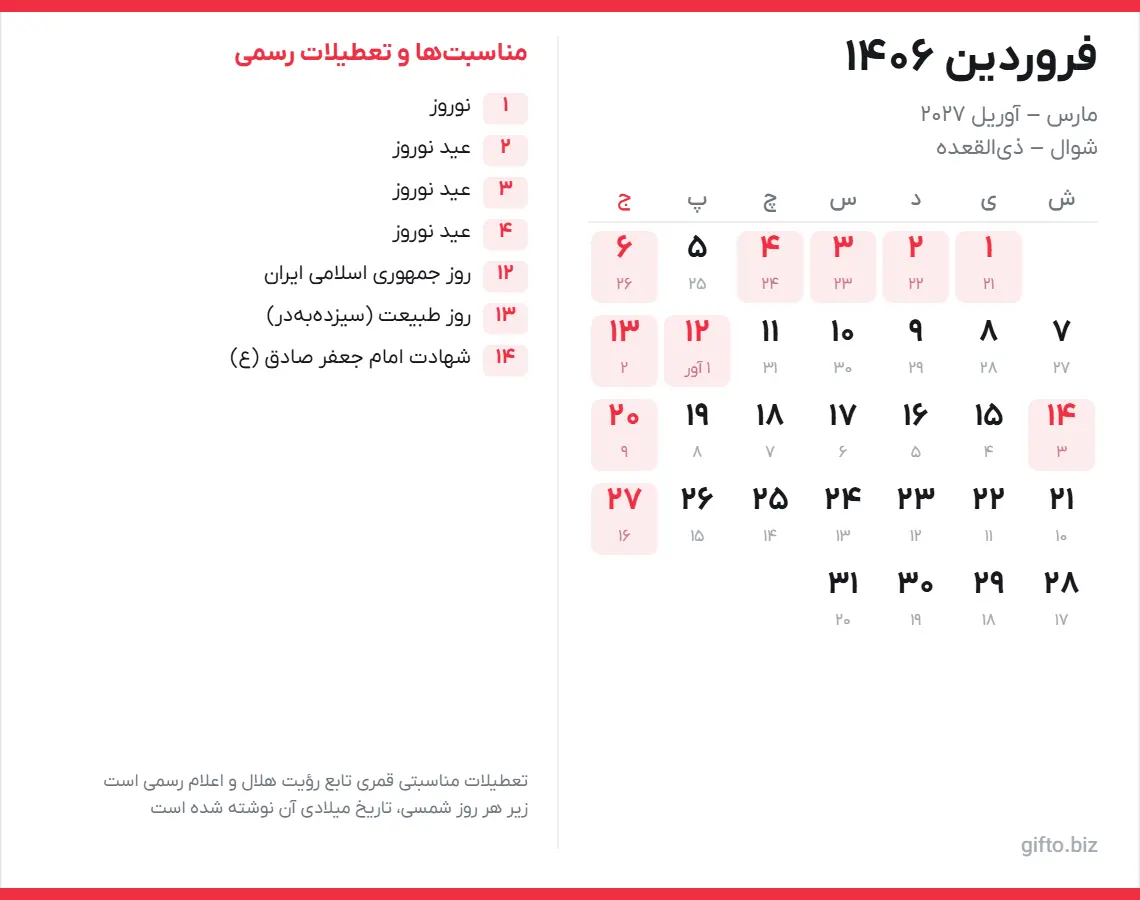 تقویم ۱۴۰۶ در یک نگاه؛ تعطیلات رسمی و معادل میلادی