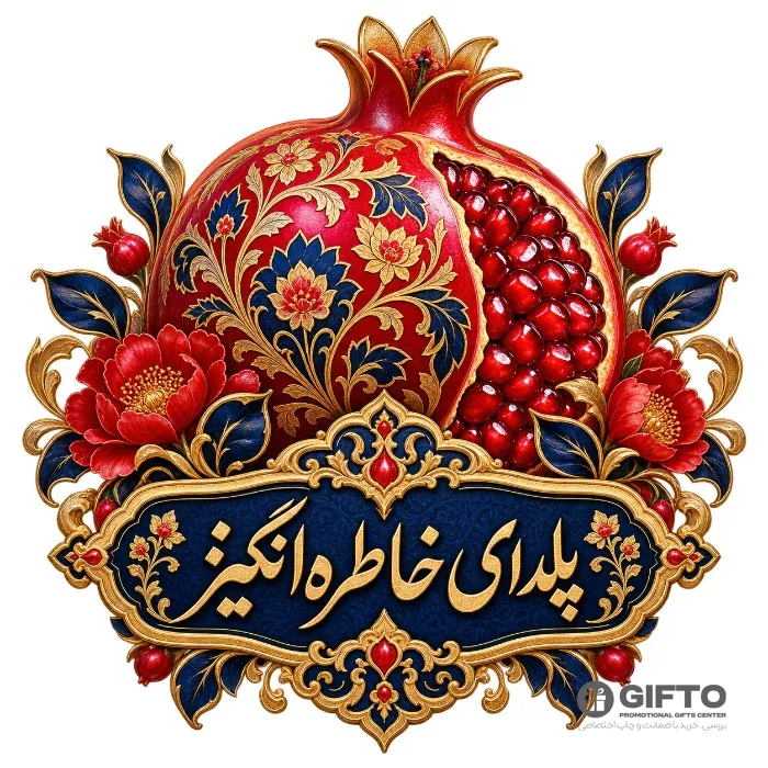 طرح یلدای خاطرهانگیز — انار با تذهیب طلایی برای چاپ لیوان و لیبل — دانلود طرح یلدا