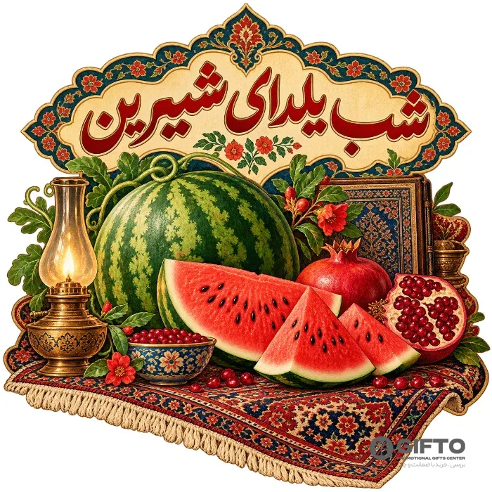 طرح شب یلدای شیرین — هندوانه و انار روی فرش ایرانی برای چاپ — دانلود طرح یلدا