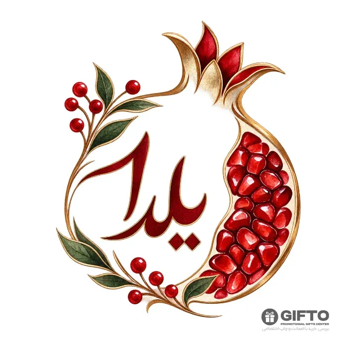 طرح انار و یلدا — قاب انار خطی طلایی برای چاپ لیبل و لیوان — دانلود طرح یلدا