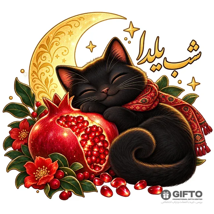 طرح گربه شب یلدا — گربه سیاه، انار و ماه برای چاپ تیشرت و استیکر — دانلود طرح یلدا