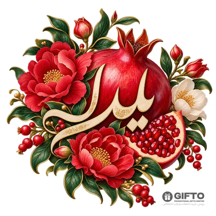 طرح یلدا با گل و انار — گلهای قرمز و خوشنویسی برای چاپ — دانلود طرح یلدا