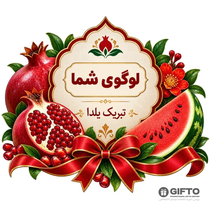 طرح تبریک یلدا با لوگوی شما — قاب سازمانی انار و هندوانه — دانلود طرح یلدا