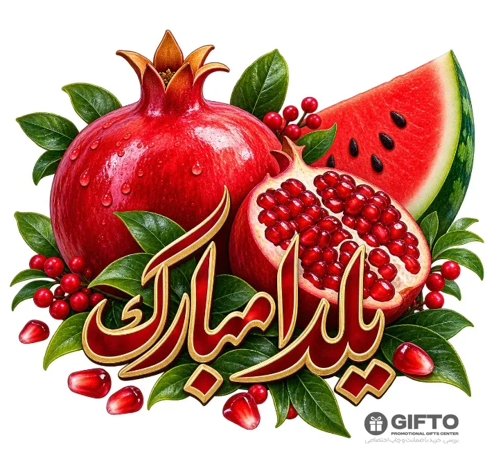 طرح یلدا مبارک قرمز و طلایی — انار و هندوانه برای چاپ — دانلود طرح یلدا